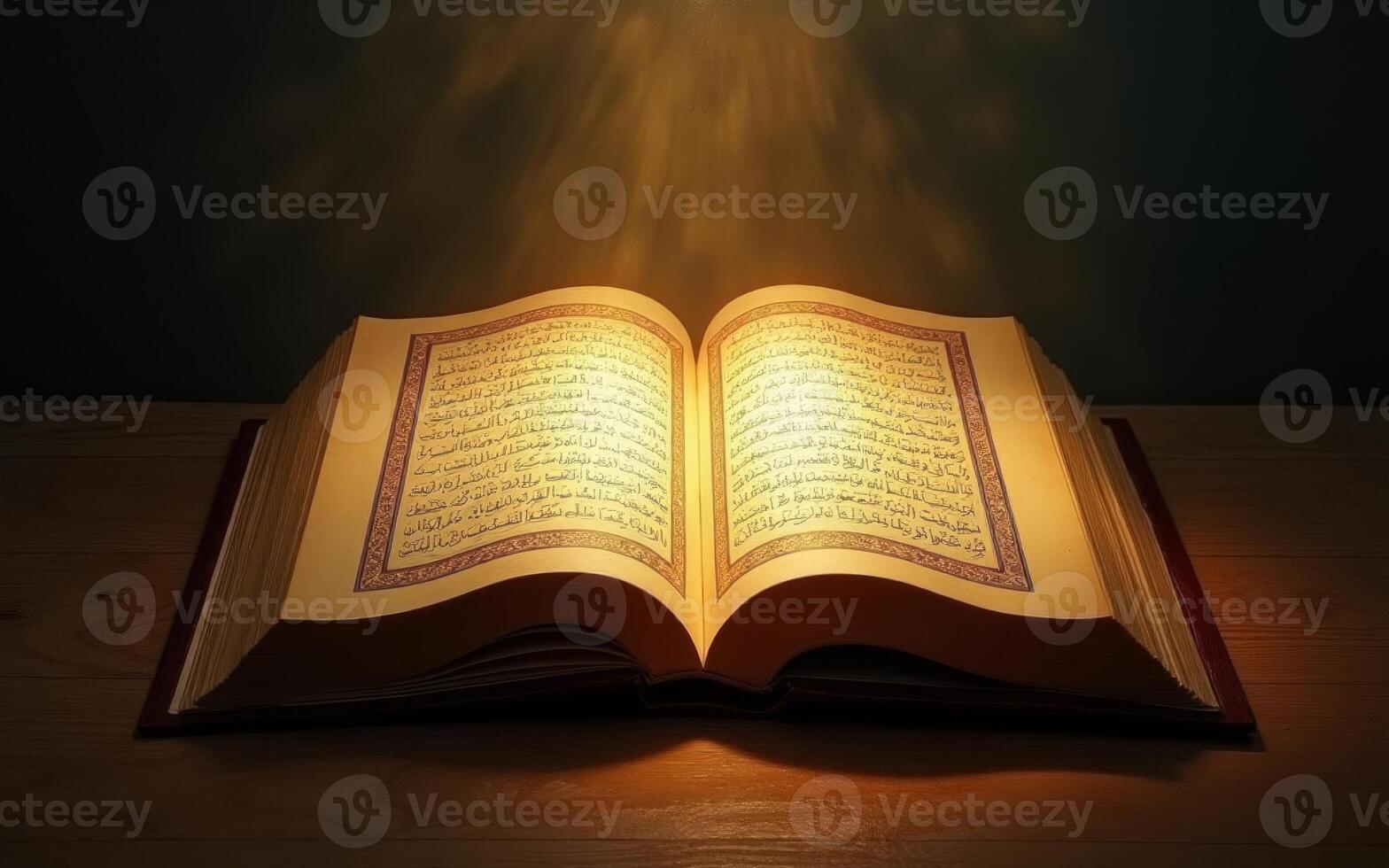 Open Holy Quran Book with light rays falling on it photo