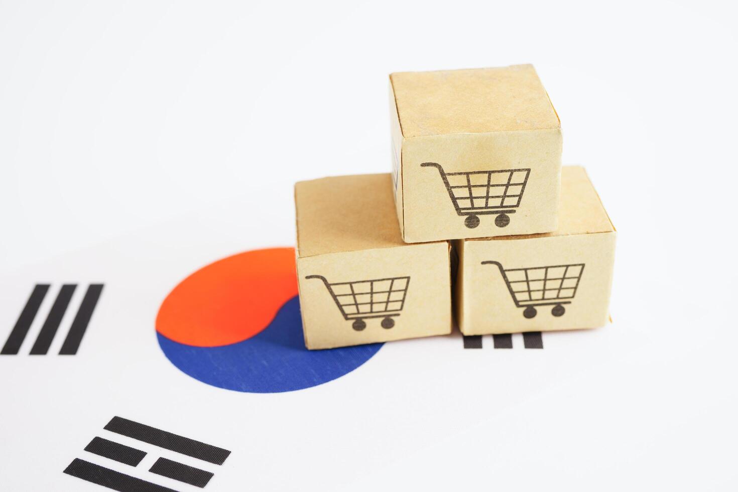 Online shopping, Shopping cart box on South Korea flag, import export, finance commerce. photo