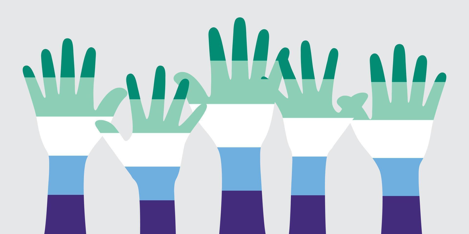 Green, white, blue and purple colored hands as the colors of the gay man flag. Flat design illustration. vector