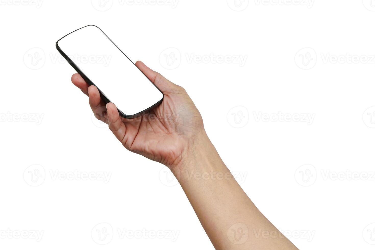 Asian woman holding smartphone in hand with blank screen isolated on white background with clipping path. photo