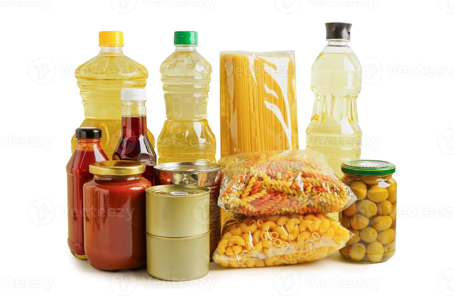 Foodstuffs in donation box isolated on white background with clipping path for volunteer to help people. photo