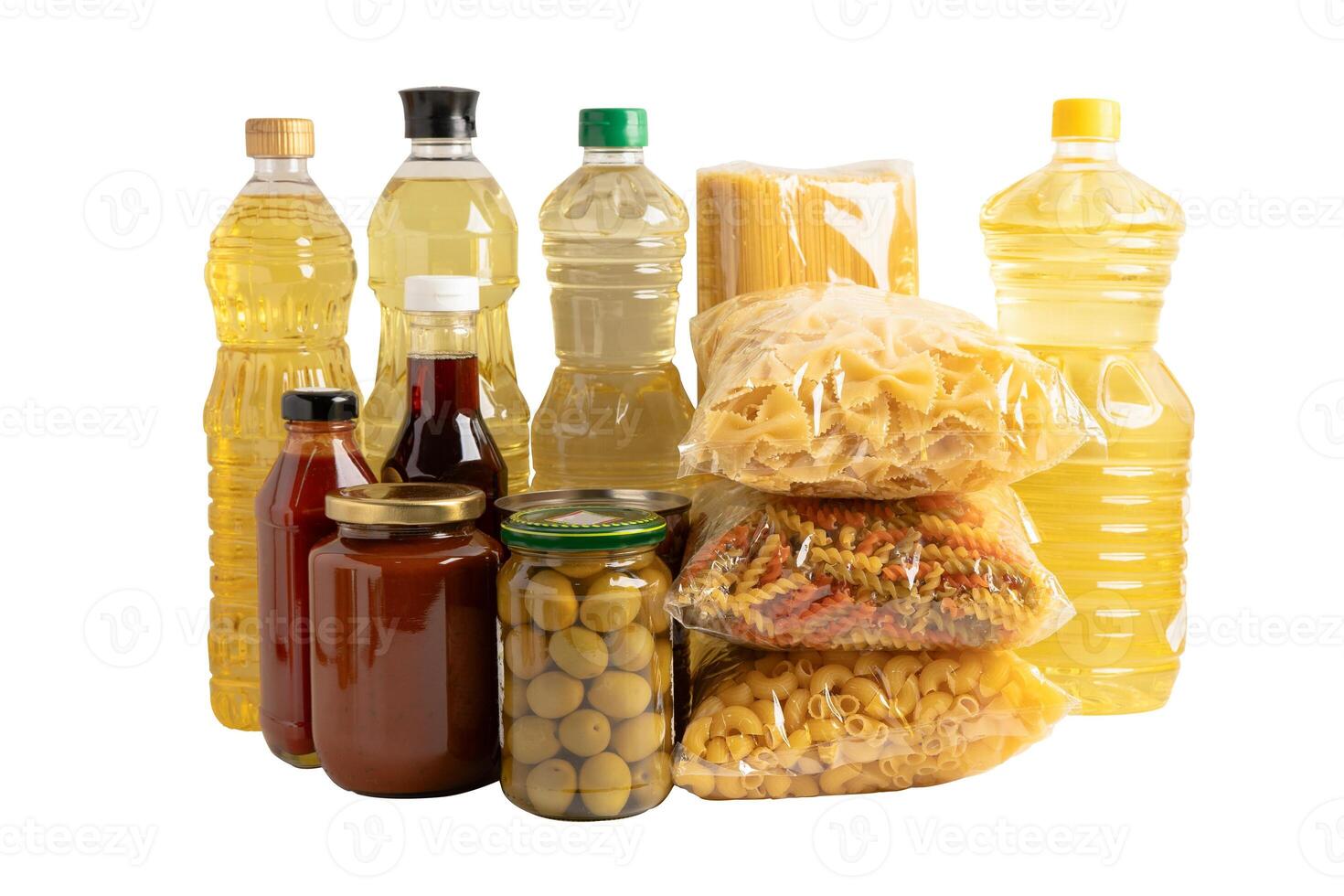 Foodstuffs in donation box isolated on white background with clipping path for volunteer to help people. photo