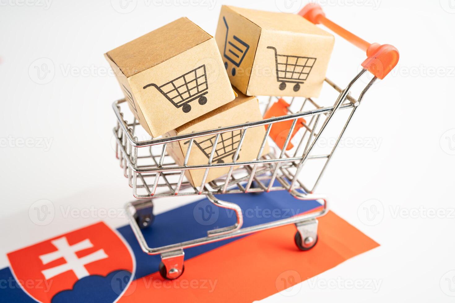 Slovakia flag with box shopping online cart logo. Import export shopping online. photo