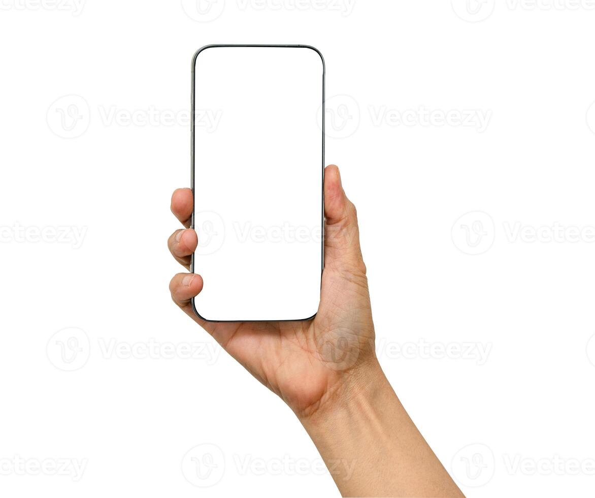 Asian woman holding mobile smartphone in hand for communication isolated on white background with clipping path. photo