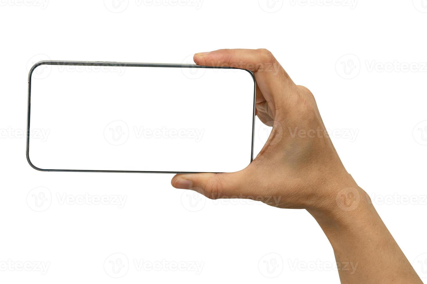Asian woman holding mobile smartphone in hand for communication isolated on white background with clipping path. photo