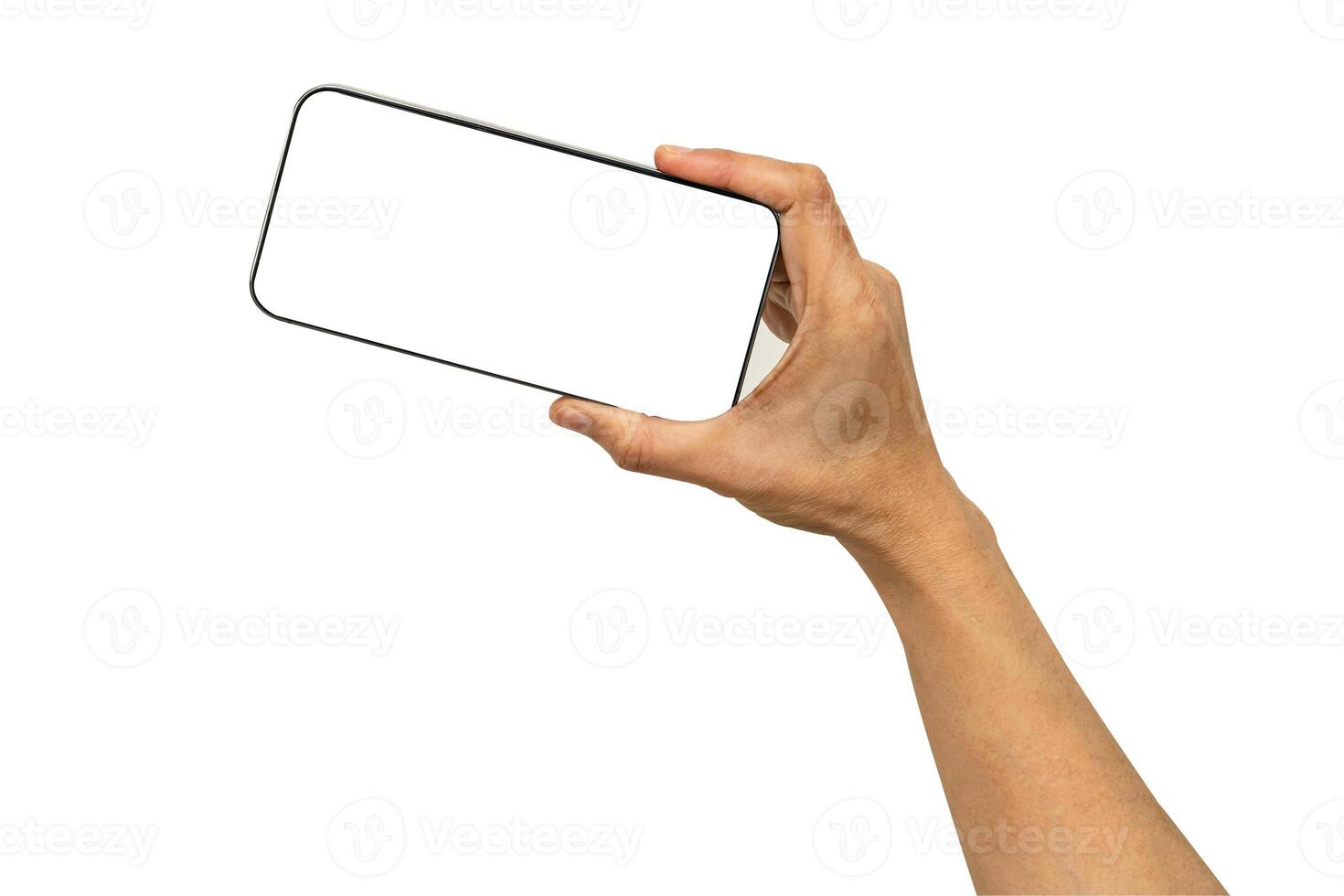 Asian woman holding mobile smartphone in hand for communication isolated on white background with clipping path. photo