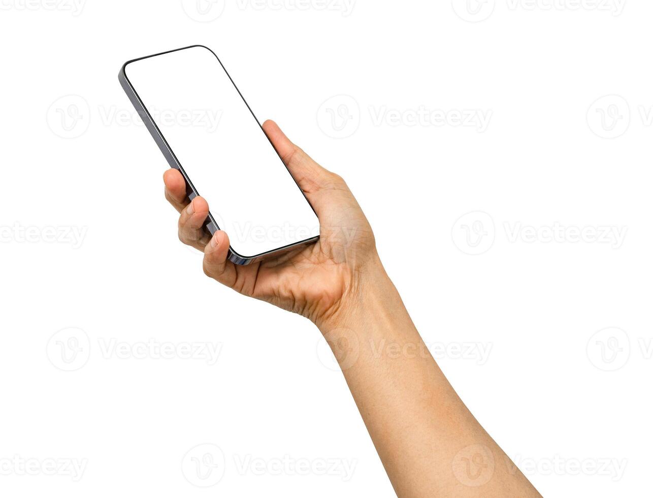 Asian woman holding mobile smartphone in hand for communication isolated on white background with clipping path. photo
