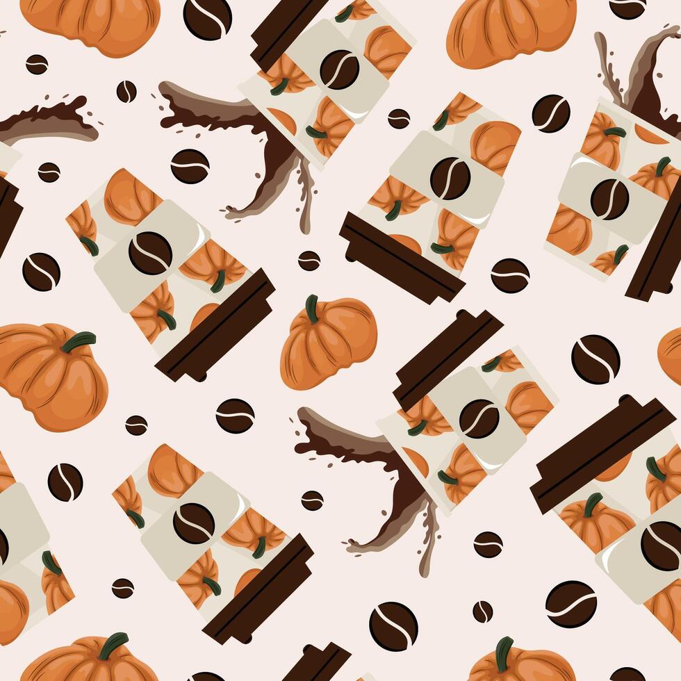 seamless pattern with coffee cups with a design of orange round pumpkins, coffee splashes and orange pumpkins vector