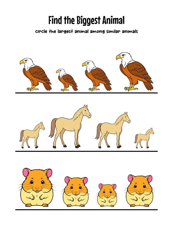 worksheet for kids find the biggest animal, eagle, horse, hamster vector