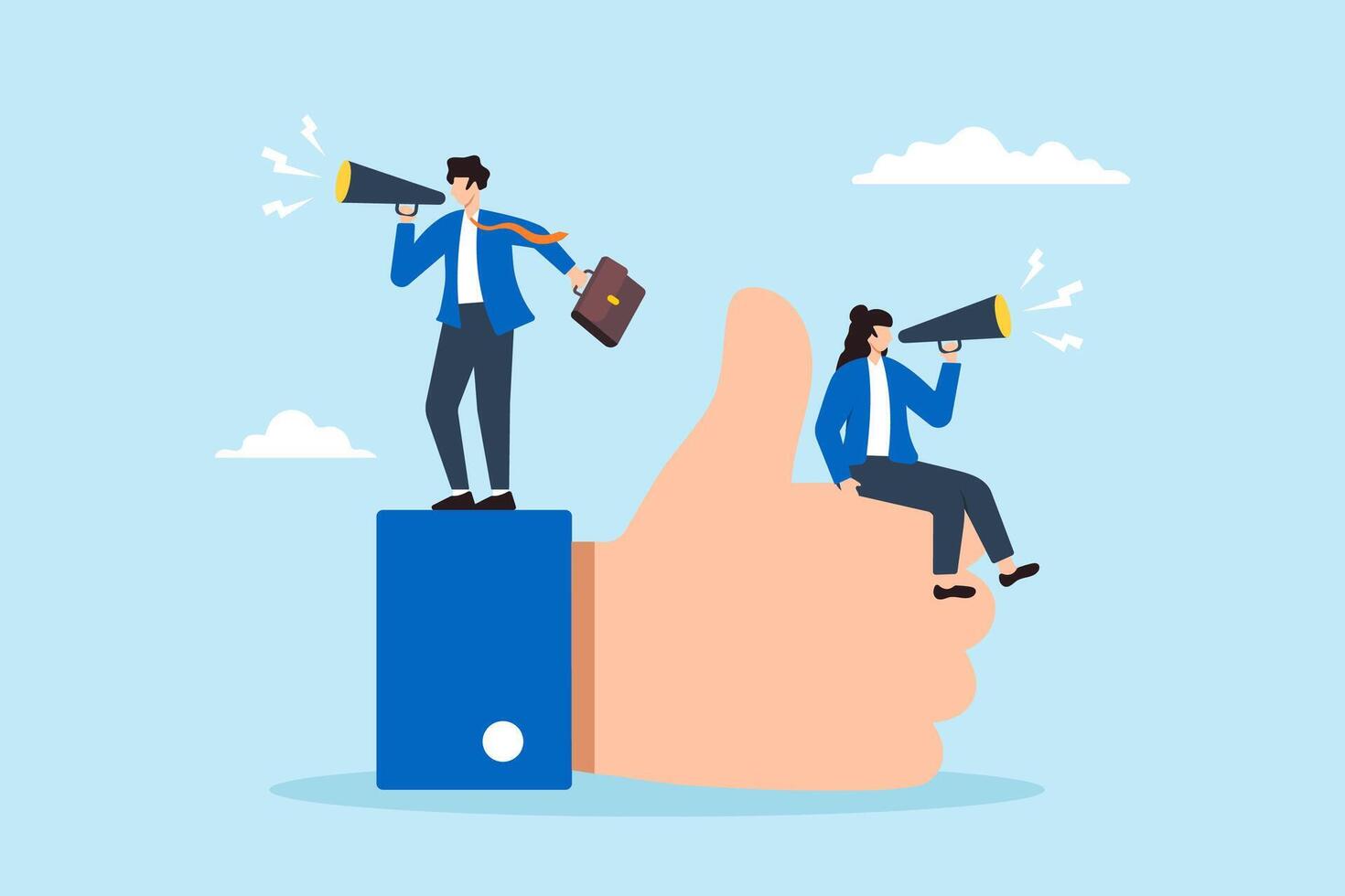 Flat illustration of business people announce with megaphone on thumbs up representing positive recommendations reviews and feedback vector