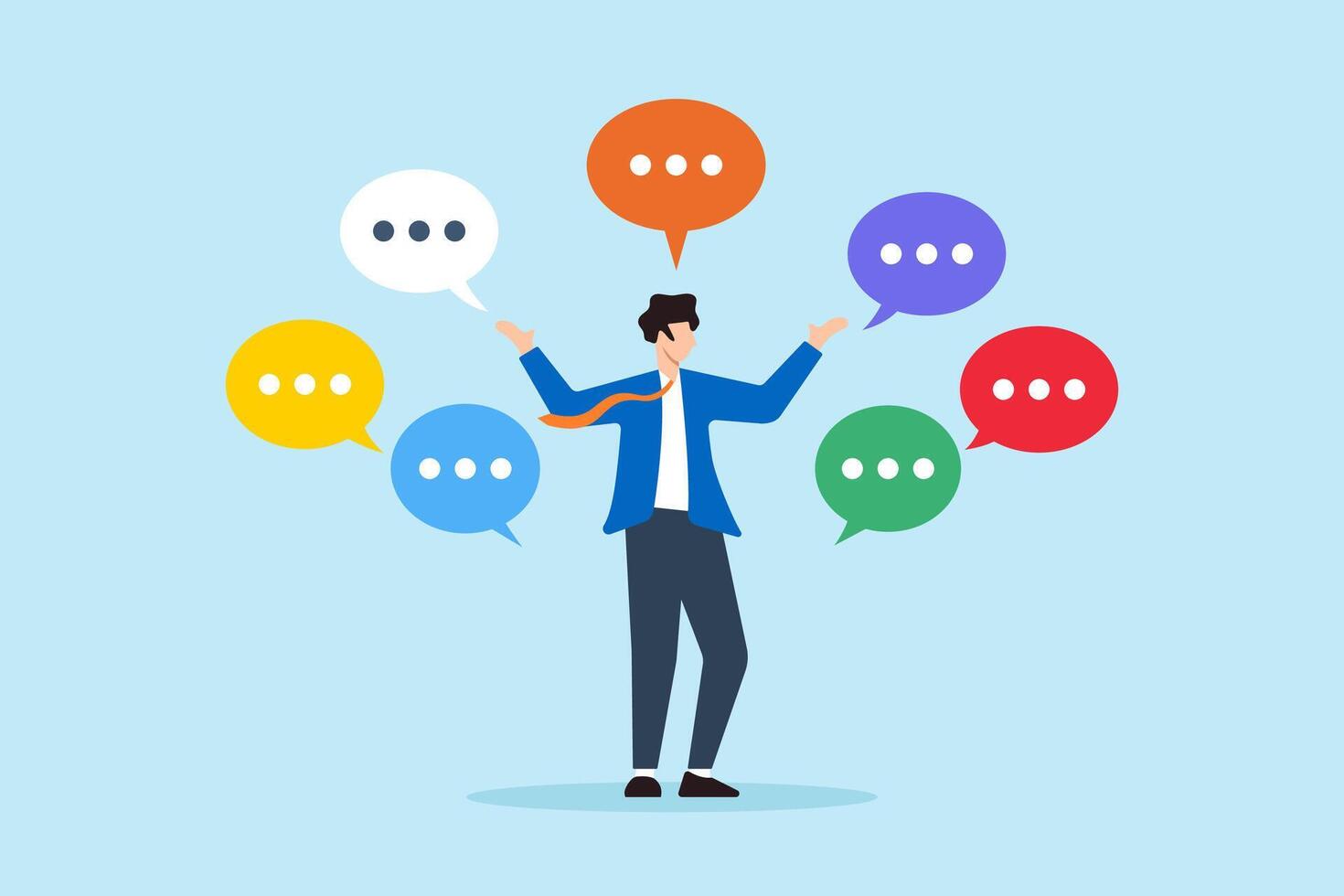 Flat illustration of businessman talks confidently with multiple speech bubbles showcasing verbal communication skills vector