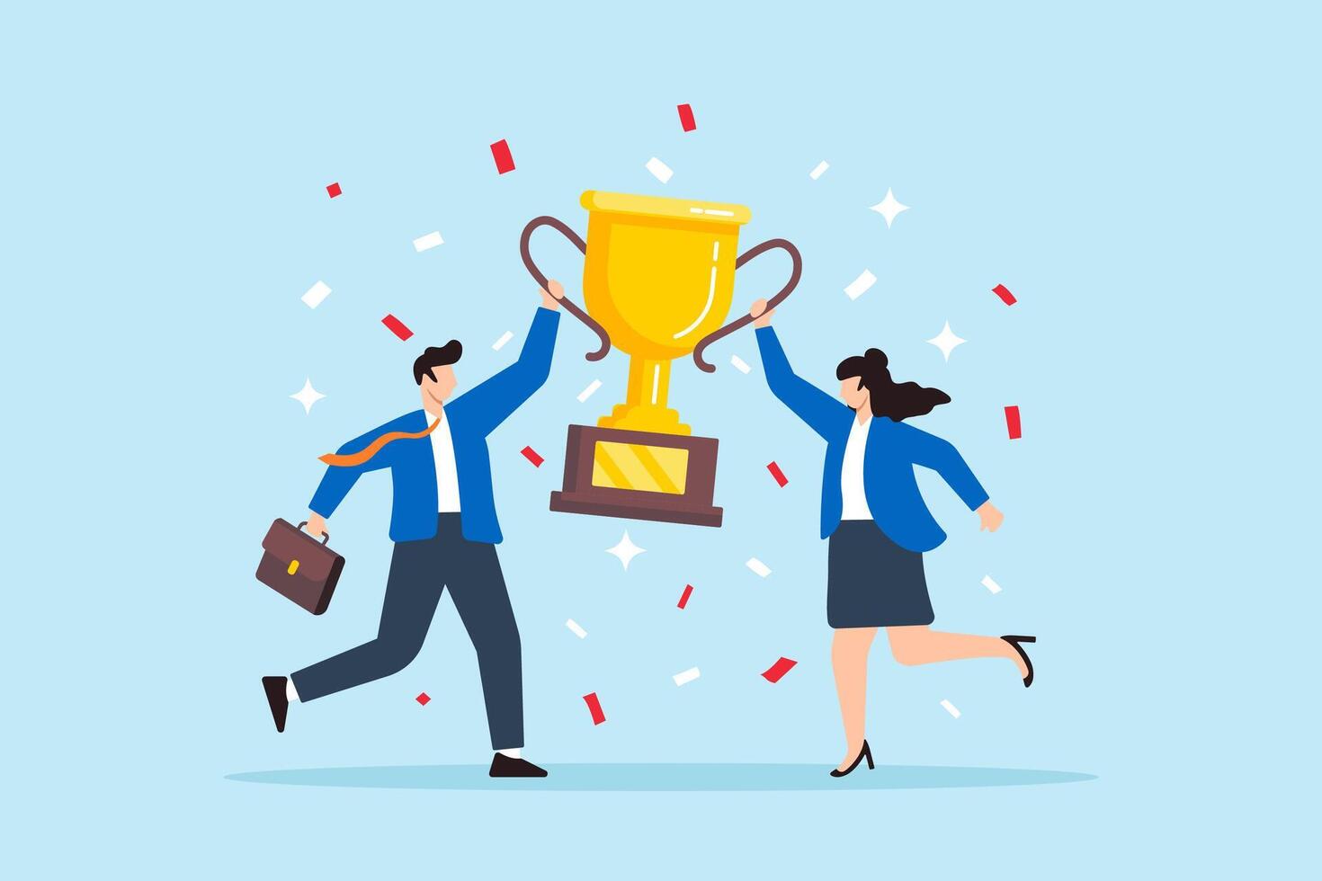 Flat illustration of businessman and businesswoman celebrate with trophy confetti symbolizing team success and partnership vector