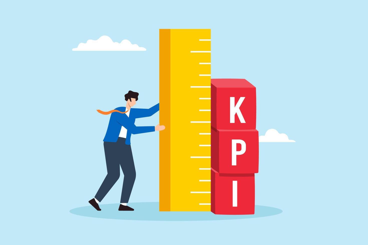Flat illustration of businessman measuring Key Performance Indicator KPI box for evaluating success metrics and improve business vector