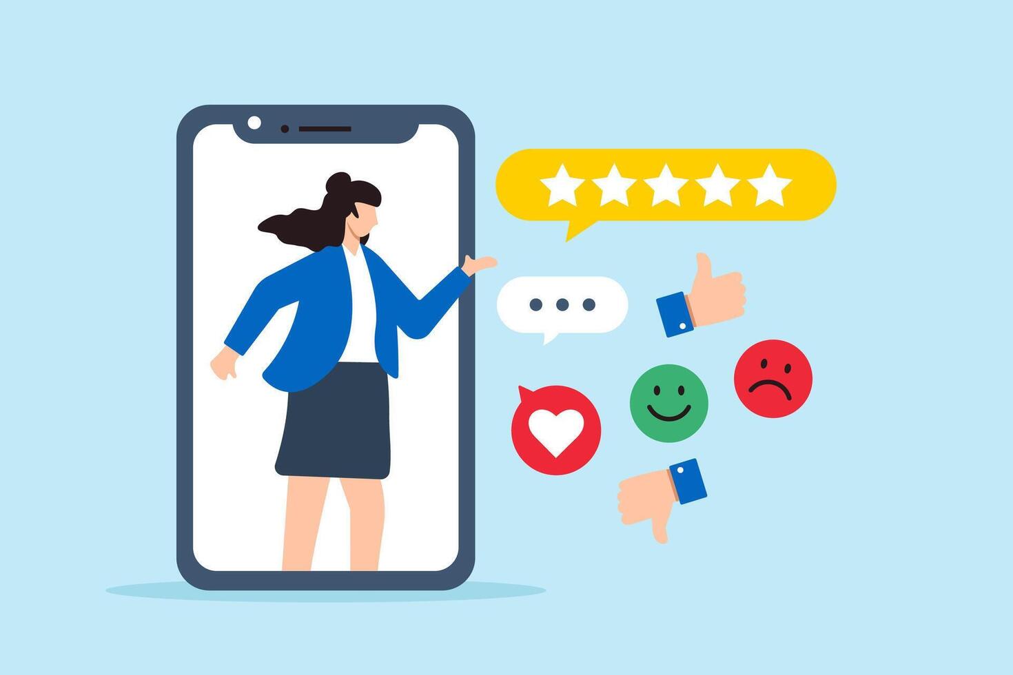 Flat illustration of woman on mobile device gives rating providing feedback on customer experience and satisfaction vector
