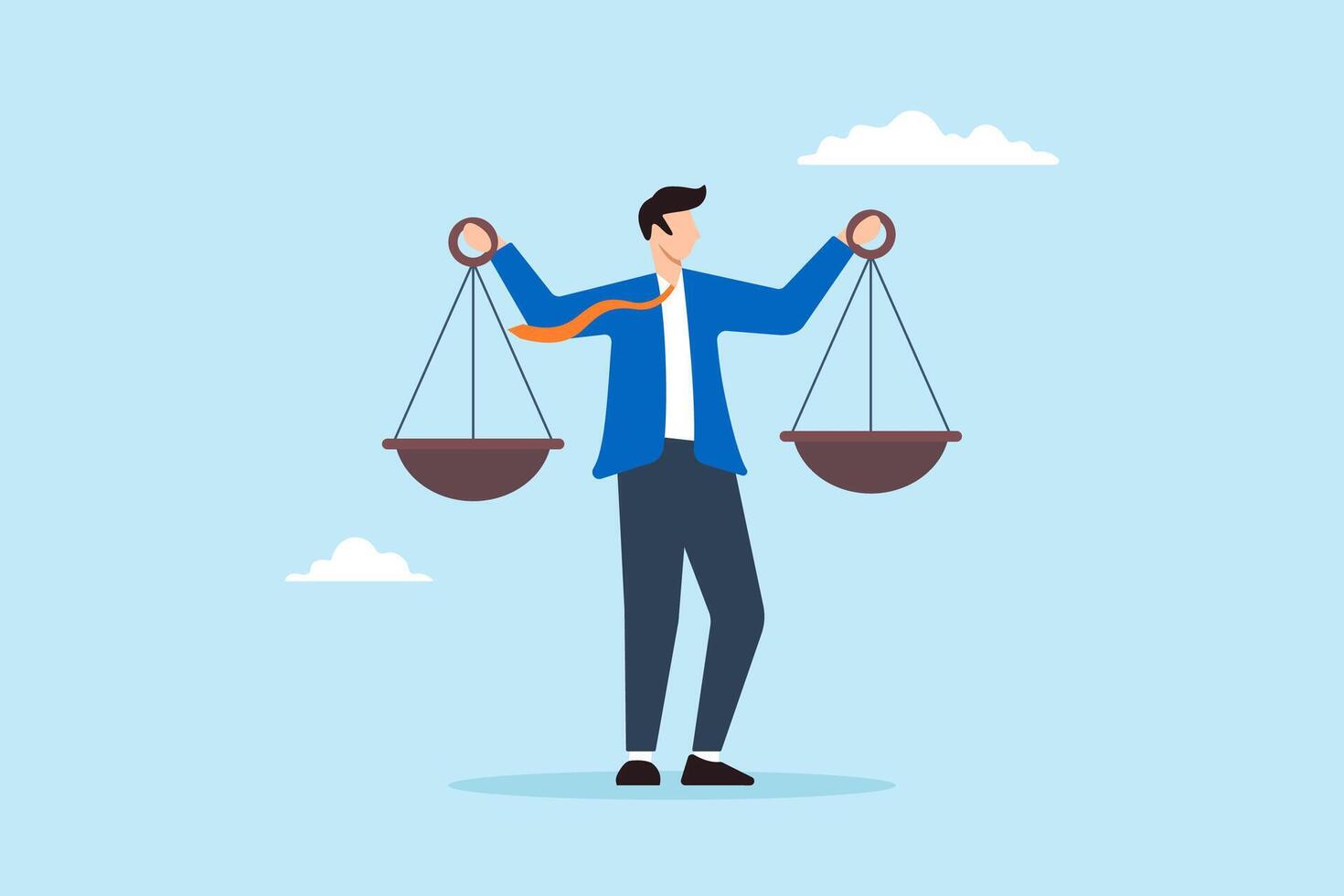 Flat illustration of Businessman compares scales to measure integrity and ethical decisions representing pros and cons vector