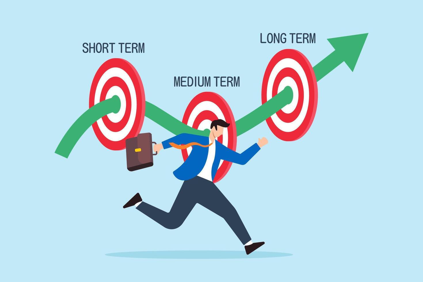 Flat illustration of businessman runs towards short medium and long term goals aiming for success and achievement vector