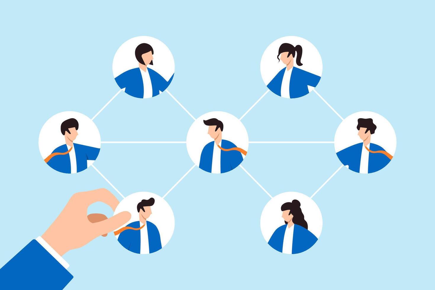 Flat illustration of businessman hand connects people in team representing employee management and teamwork recruitment vector