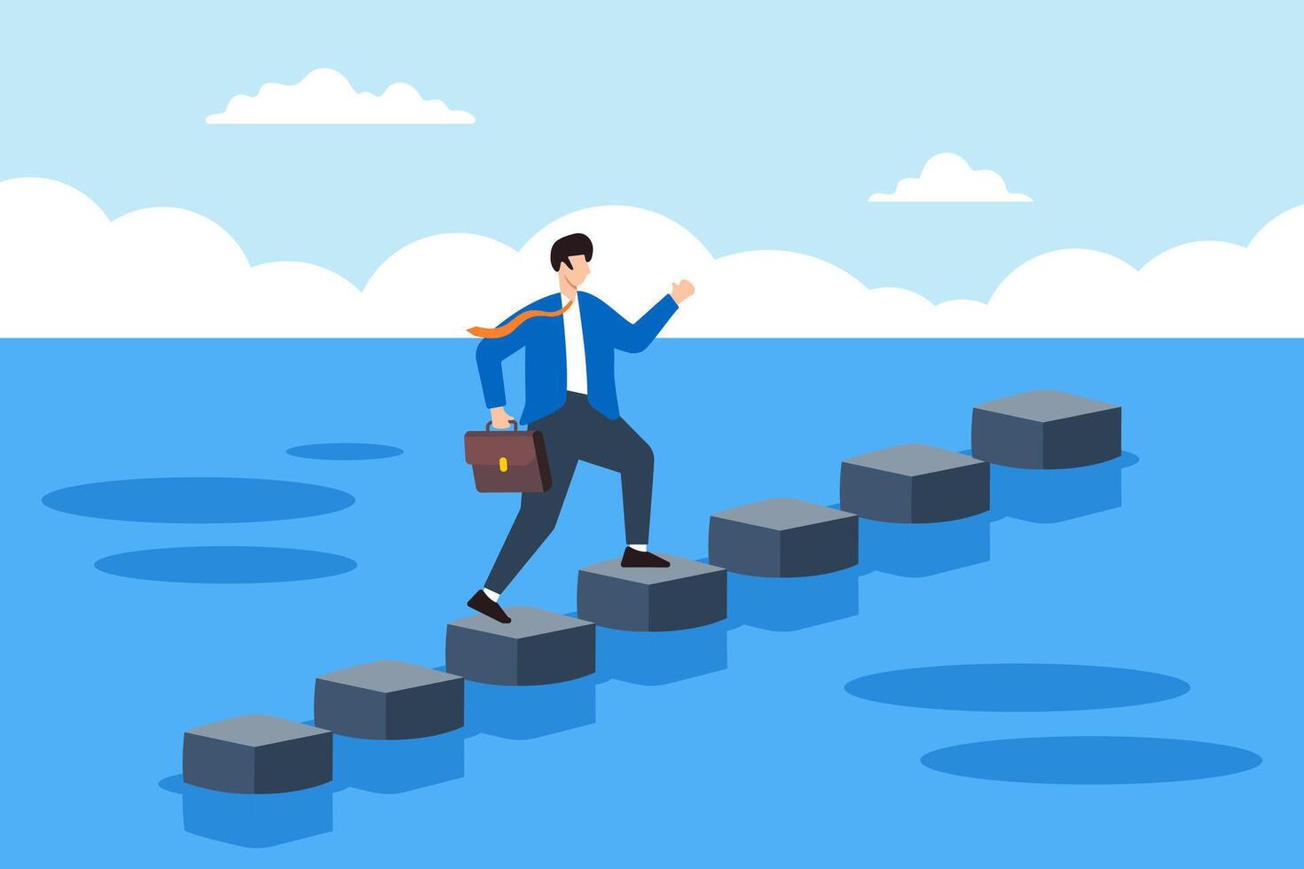 Flat illustration of businessman steps on stones across ocean symbolizing milestones on pathway to success vector