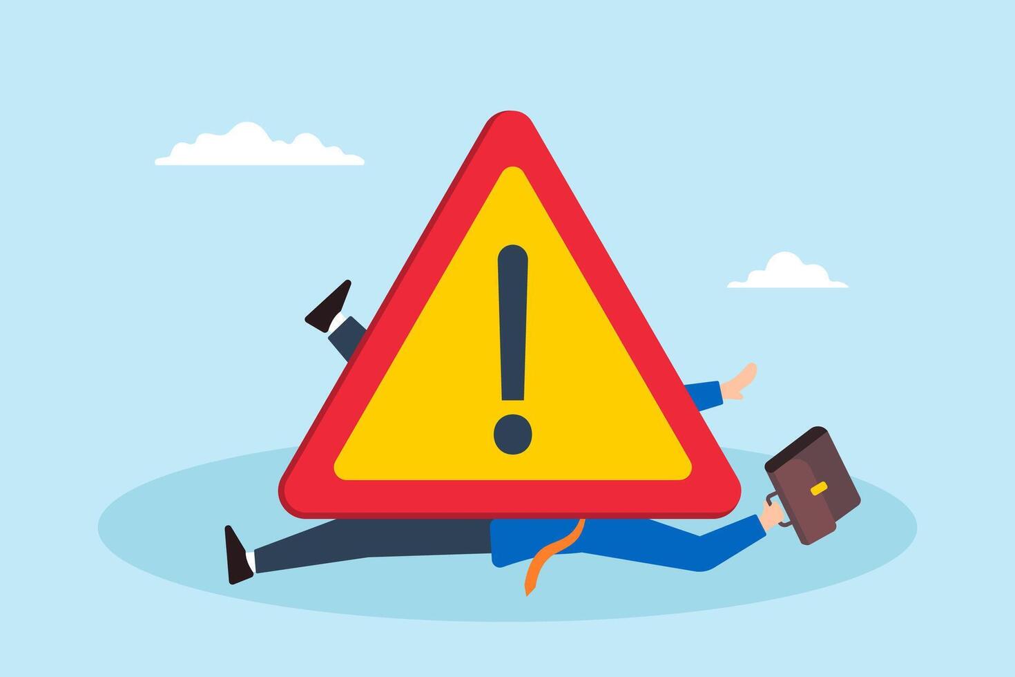 Flat illustration of frustrated businessman falls under attention sign symbolizing caution against risks and mistakes vector
