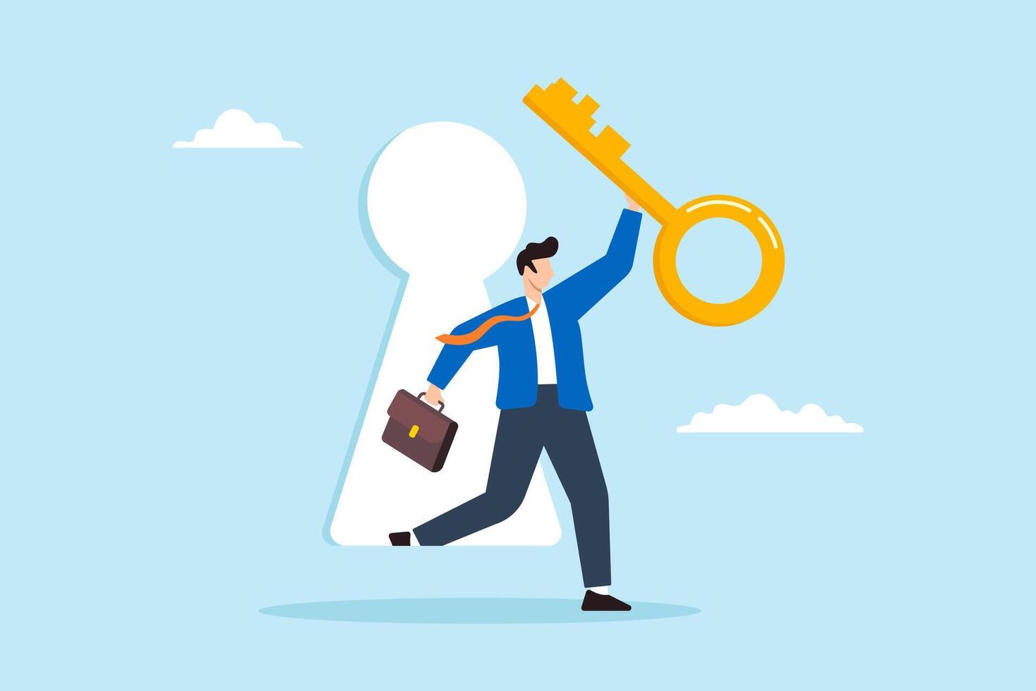 Flat illustration of businessman holding golden secret key and walking through keyhole discovering career opportunity and unlocking success vector