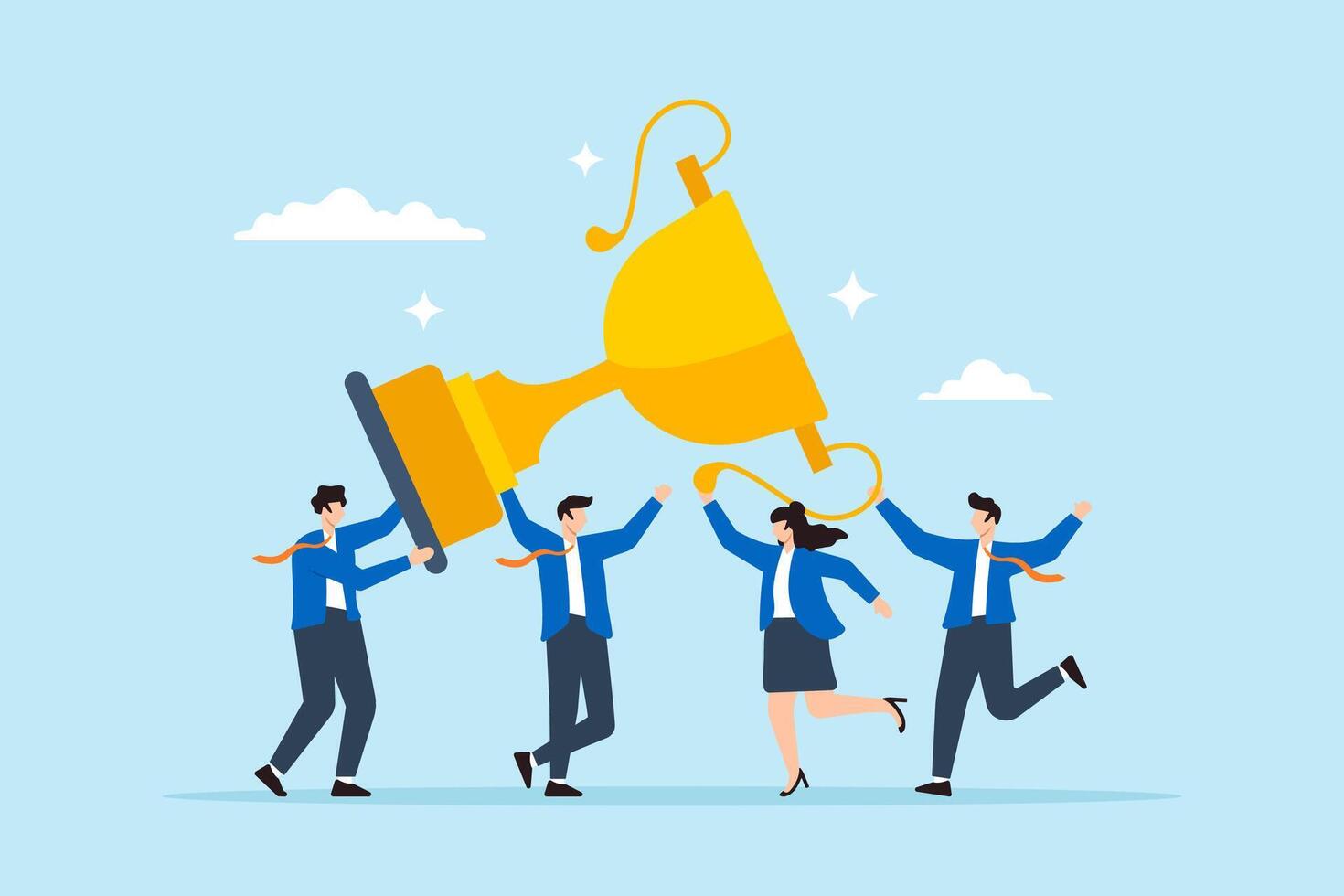Flat illustration of business team celebrates and carries big winner trophy symbolizing teamwork and achievement vector