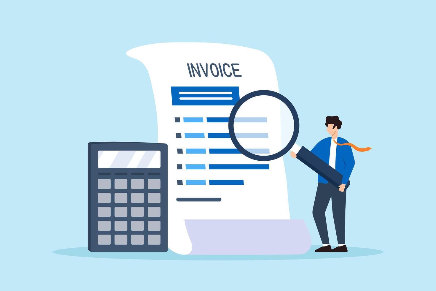 Flat illustration of businessman holds magnifying glass on invoice document managing total amounts and finance calculations vector