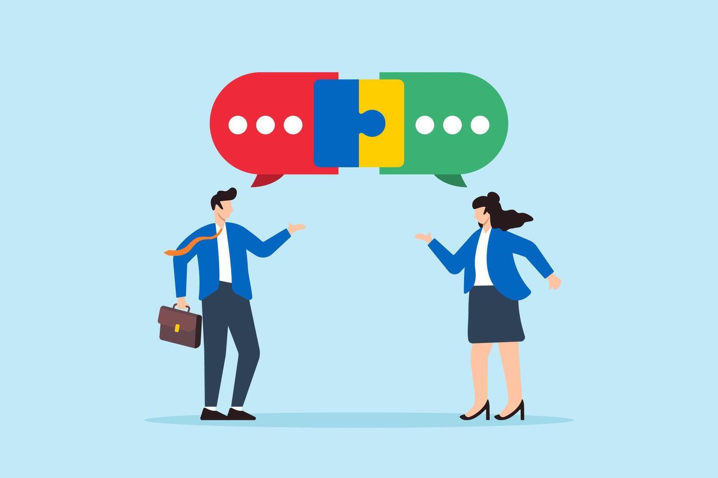 Flat illustration of two business people communicate with connected jigsaw puzzle speech bubbles solving problems through teamwork vector