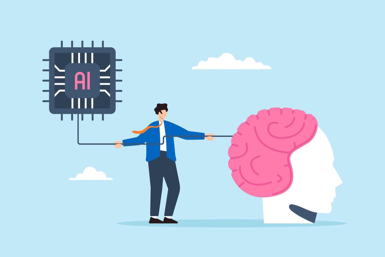 Flat illustration of businessman connecting human brain with AI chip symbolizing collaboration with artificial intelligence vector