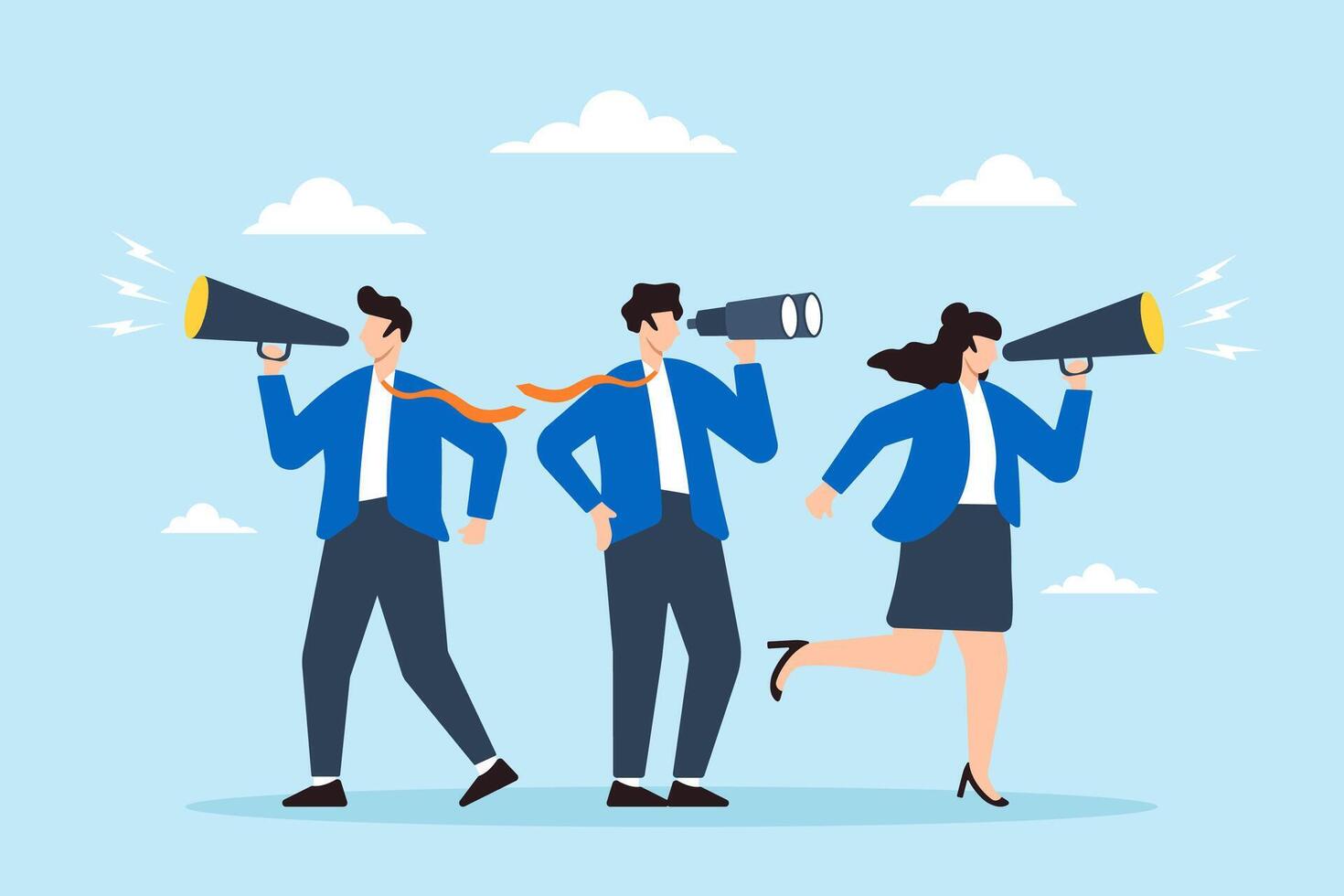 Flat illustration of business people search with binoculars and megaphone for candidates to hire in recruitment vector