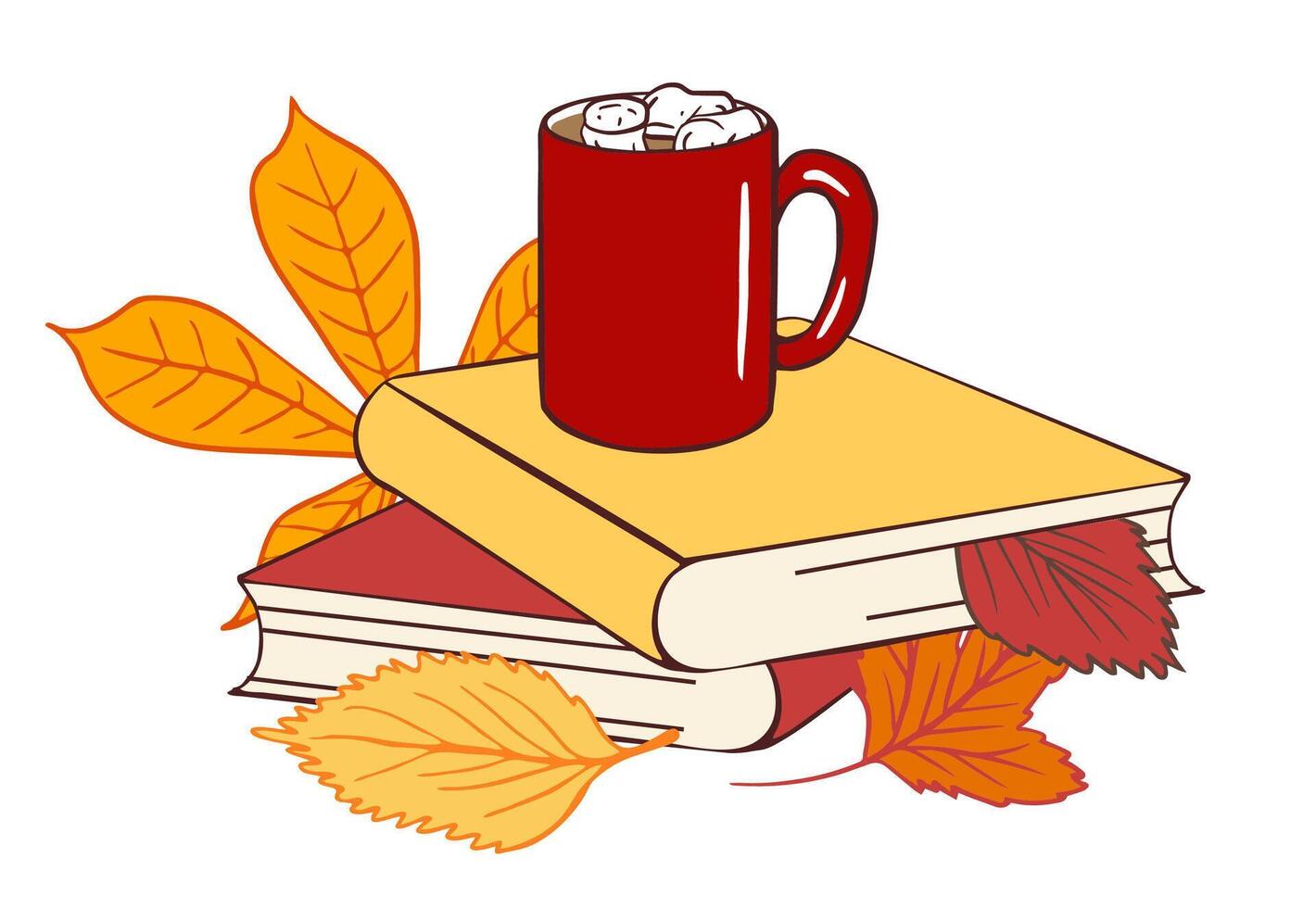 red mug with hot chocolate with marshmallows, on two books, autumn leaves. Cozy illustration for poster, banner, card, education theme vector