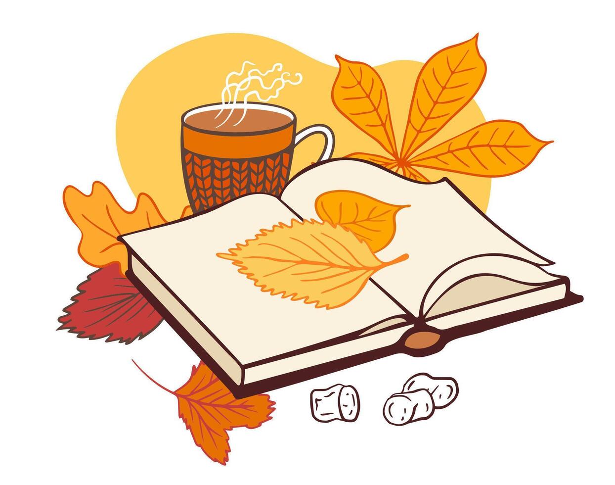 open book with colorful fall leaves, a steaming mug of tea, and small marshmallows. Perfect for cozy, seasonal designs or posters vector