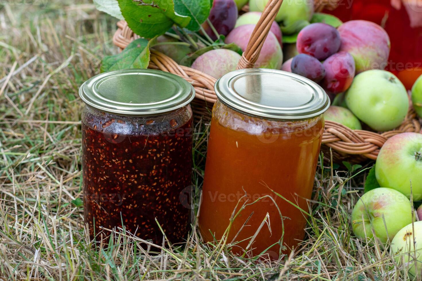 Raspberry and pear jam in jar, natural frame with grass and fruits photo