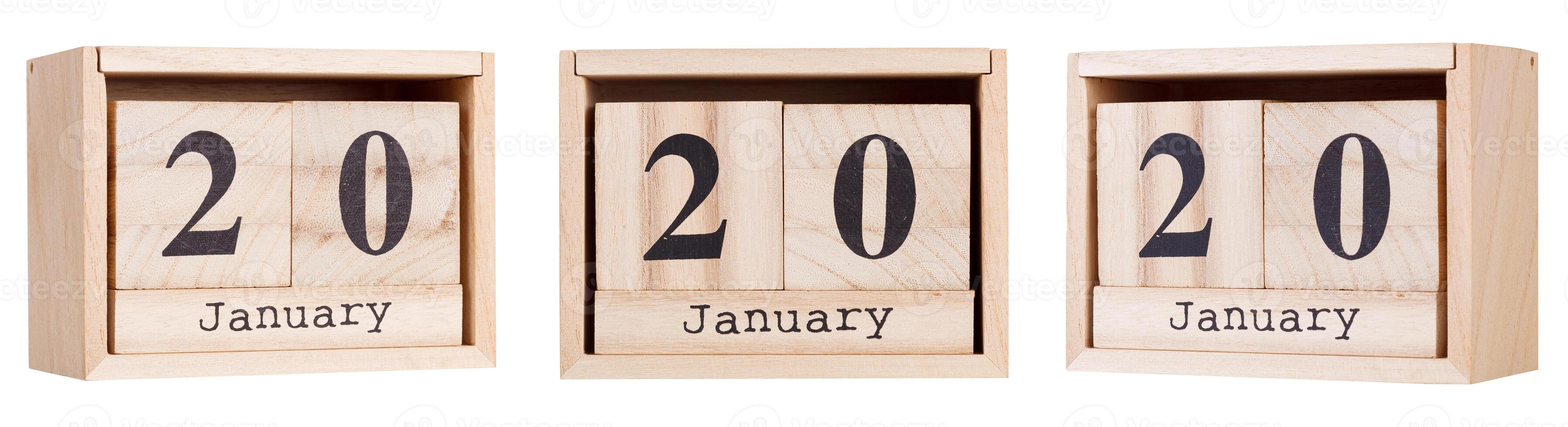 Wooden calendar, a set of dates of the month 20 January, on a white and transparent background photo