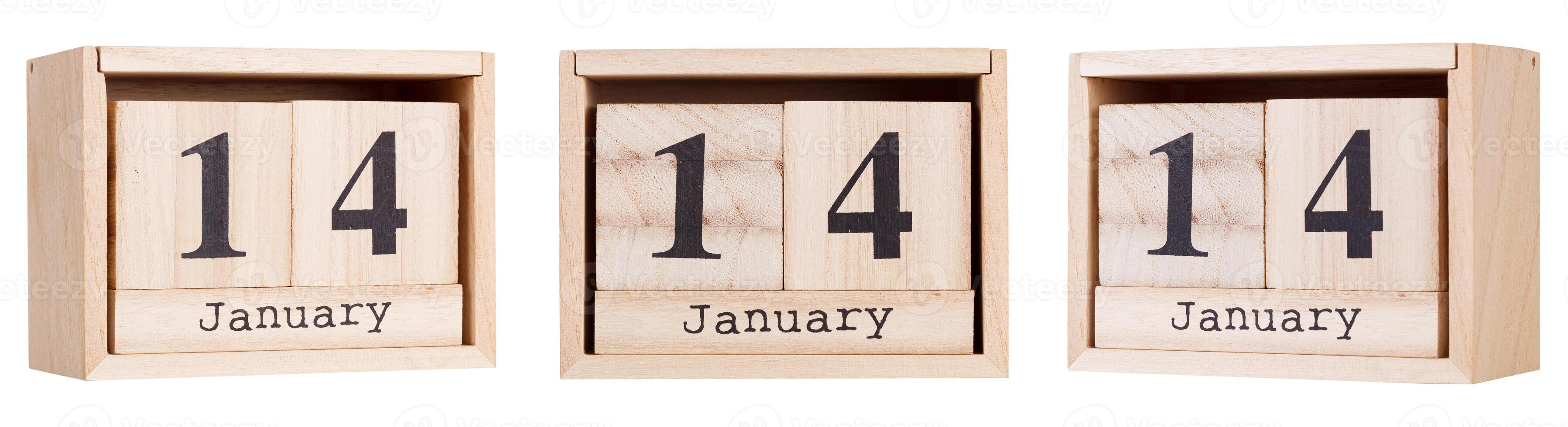 Wooden calendar, a set of dates of the month 14 January, on a white and transparent background photo