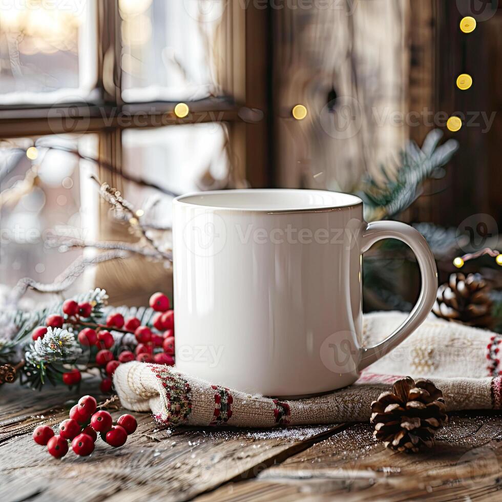 White Mug Mockup, Christmas or New Year theme, advertising with empty space, Template for your design, logo photo