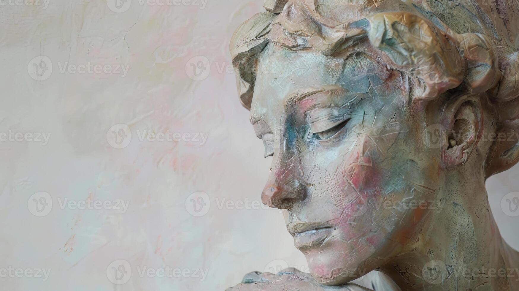 A classic marble sculpture of a woman with copy space, captured in profile with a soft pastel background, embodying timeless beauty and elegance photo
