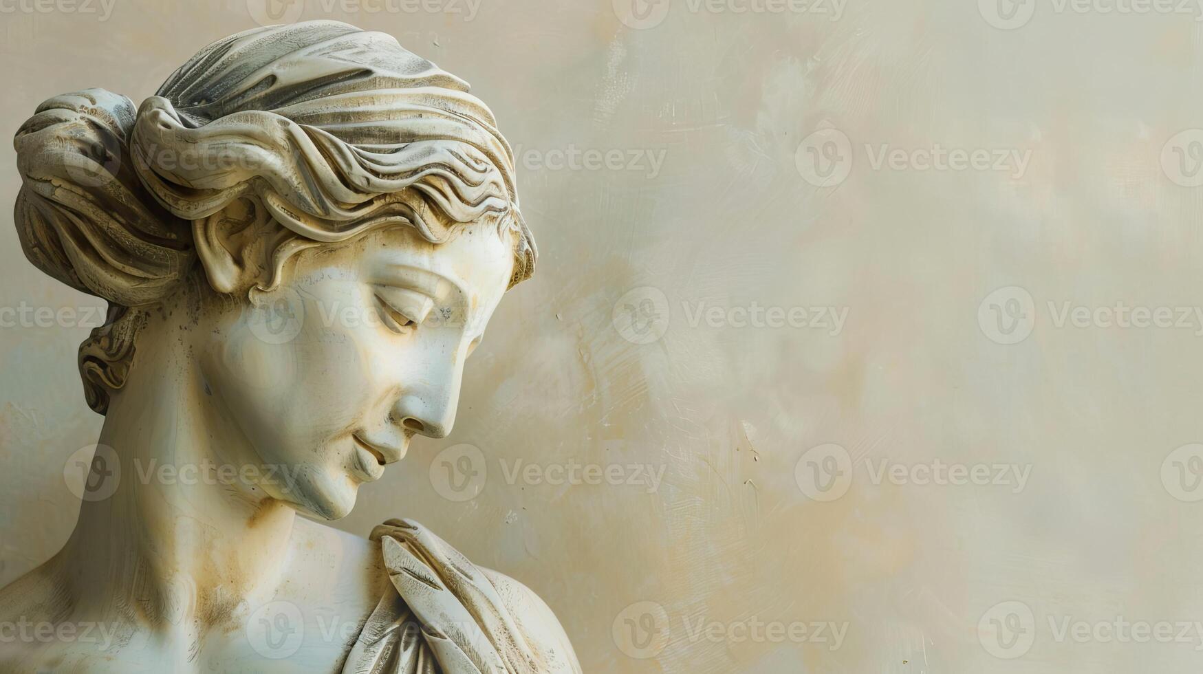 A classic marble sculpture of a woman with copy space, captured in profile with a soft pastel background, embodying timeless beauty and elegance photo
