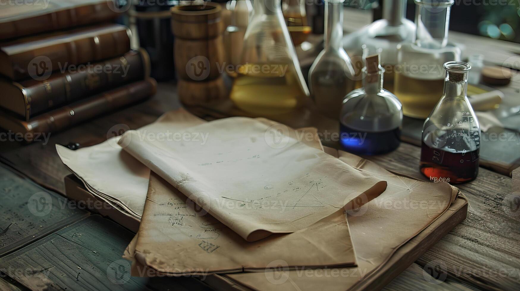 Various chemical flasks with colorful solutions on a laboratory table, showcasing a busy research environment photo