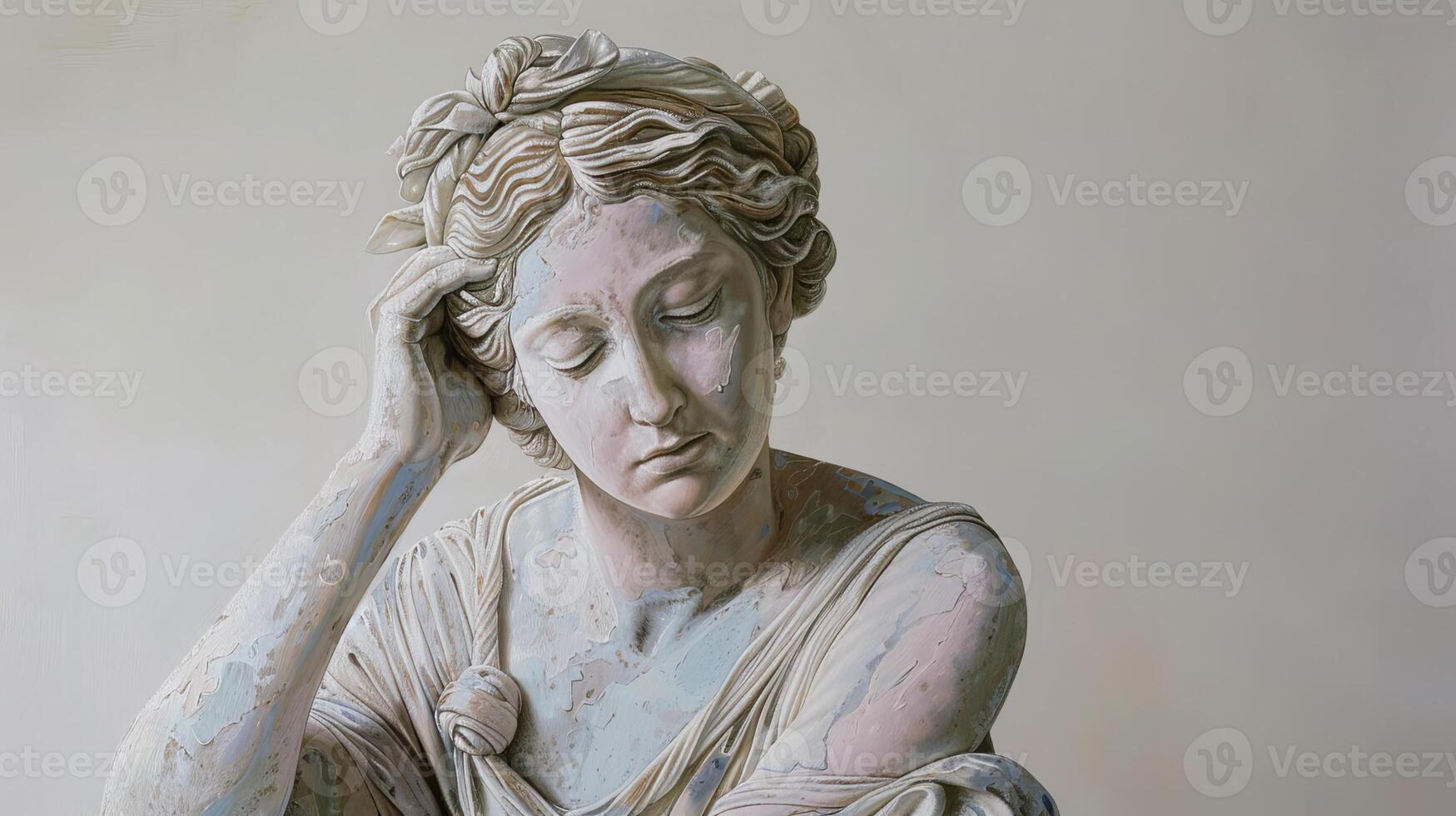A classic marble sculpture of a woman with copy space, captured in profile with a soft pastel background, embodying timeless beauty and elegance photo