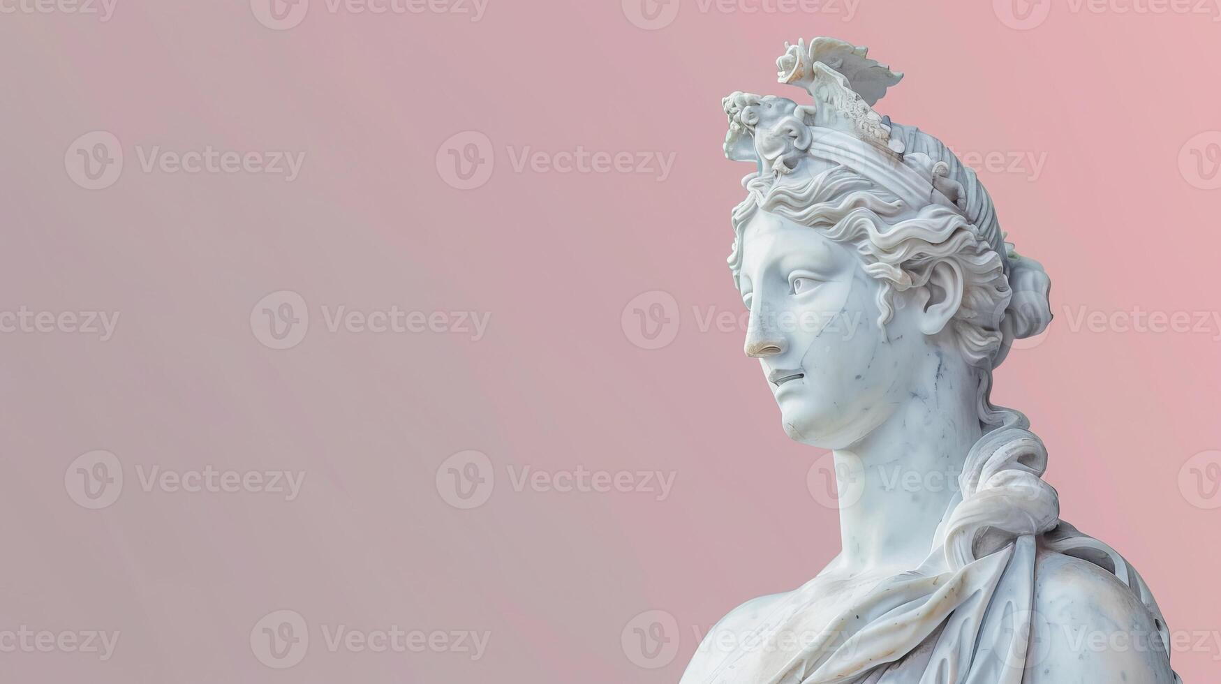 A classic marble sculpture of a woman with copy space, captured in profile with a soft pastel background, embodying timeless beauty and elegance photo