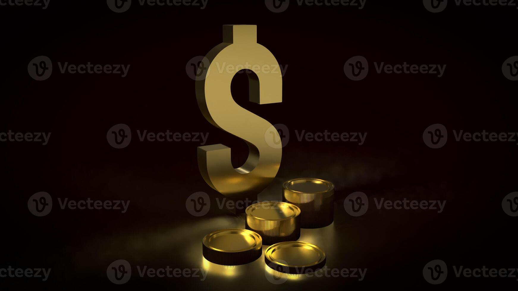 The gold dollar symbol and coins on black background 3d rendering. photo