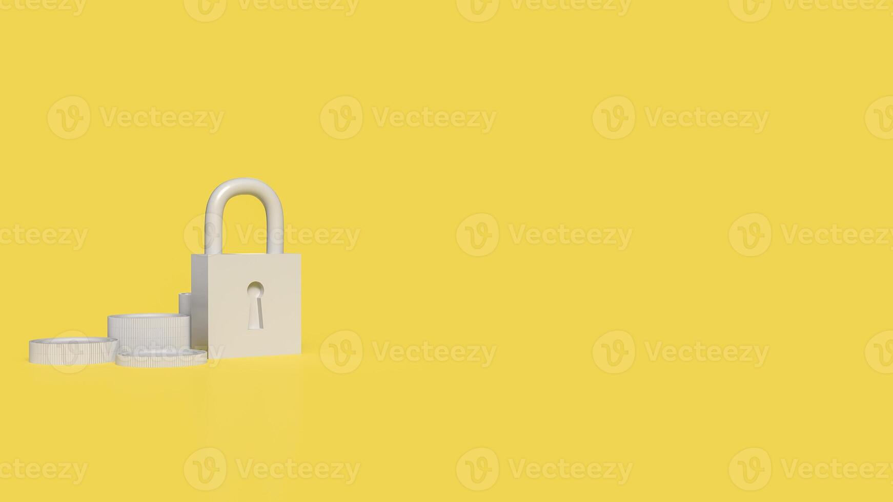 The Lock key and coins on yellow color background for security concept 3d rendering, photo