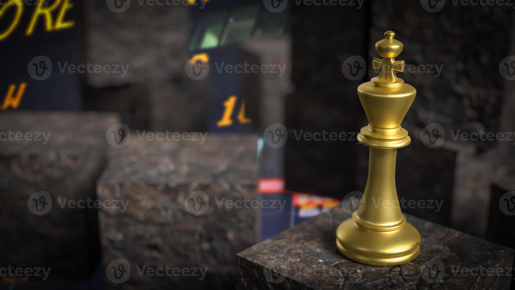The gold king chess on cube stone for Business or abstract concept 3d rendering. photo