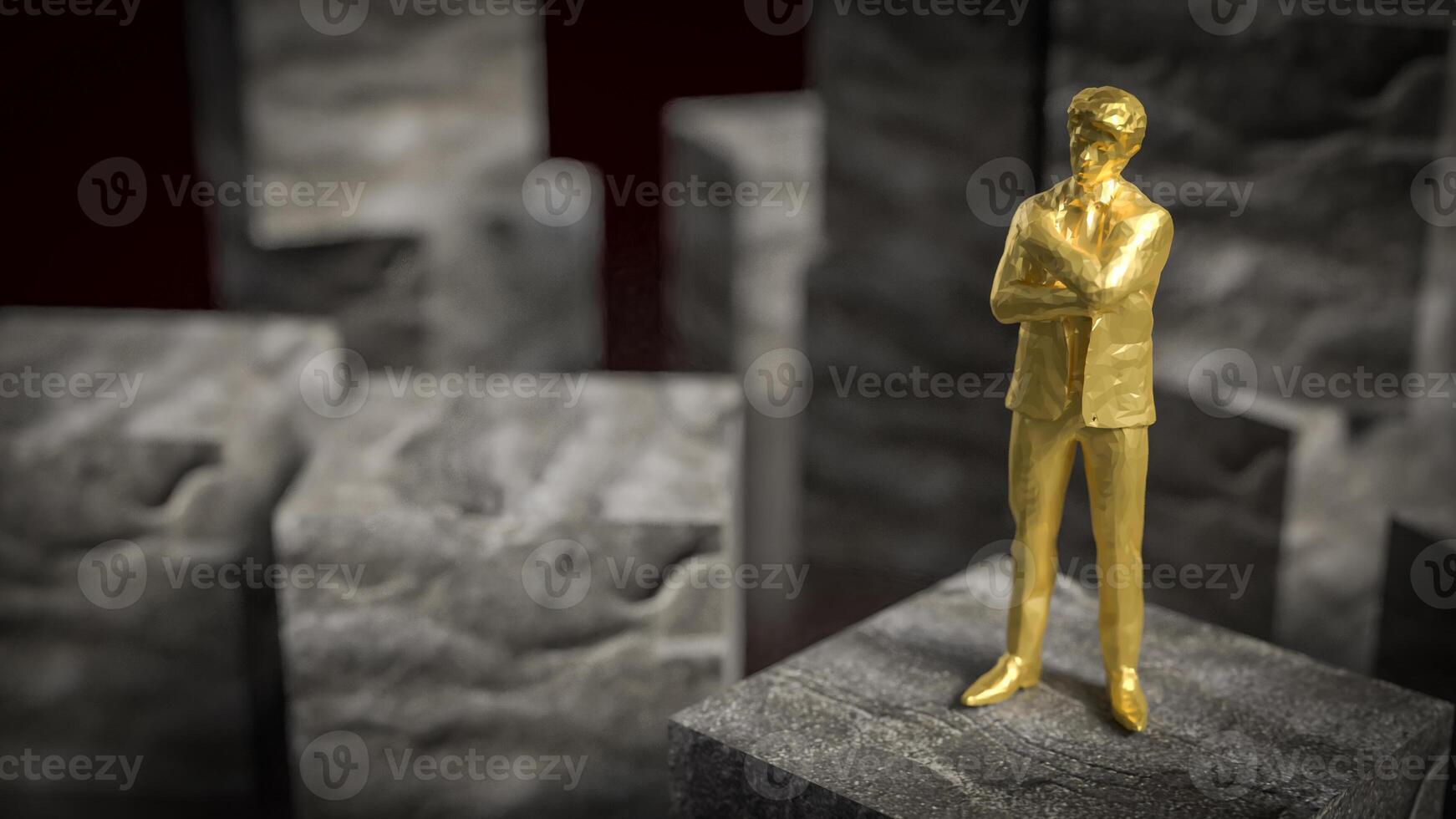 The gold business man stand on cube stone on black background 3d rendering. photo