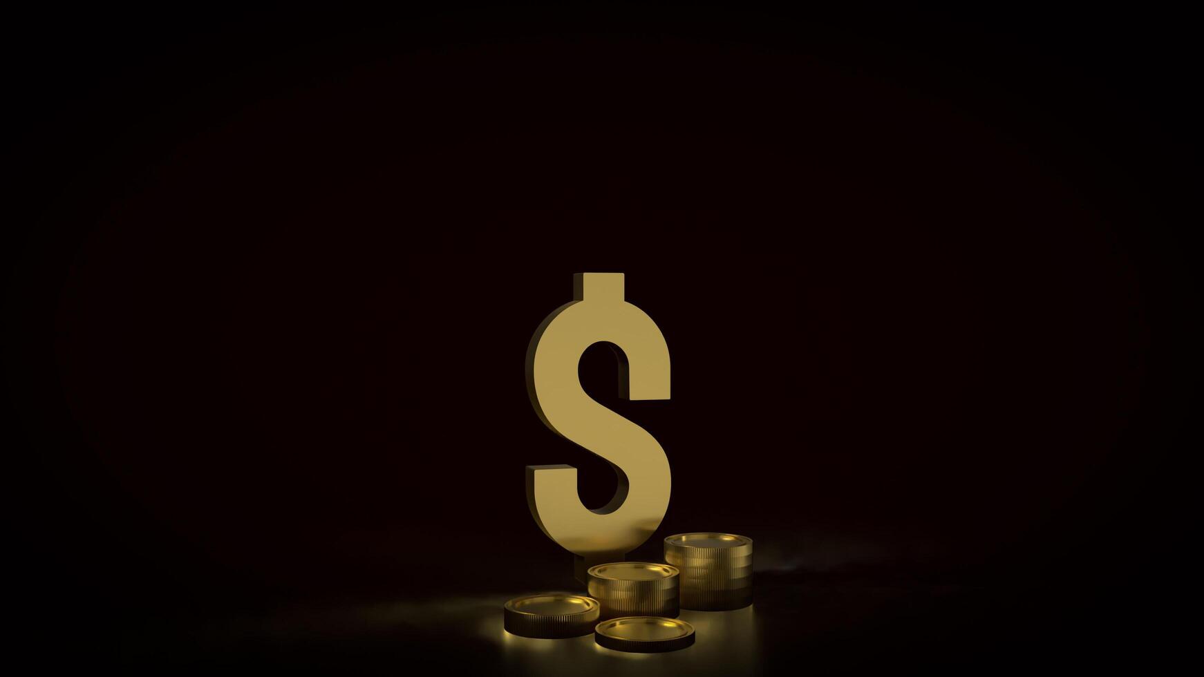 The gold dollar symbol and coins on black background 3d rendering. photo
