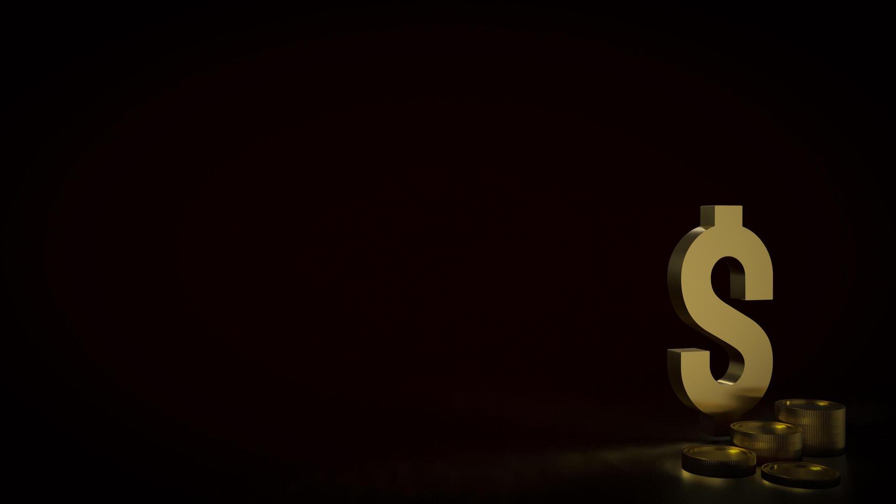 The gold dollar symbol and coins on black background 3d rendering. photo