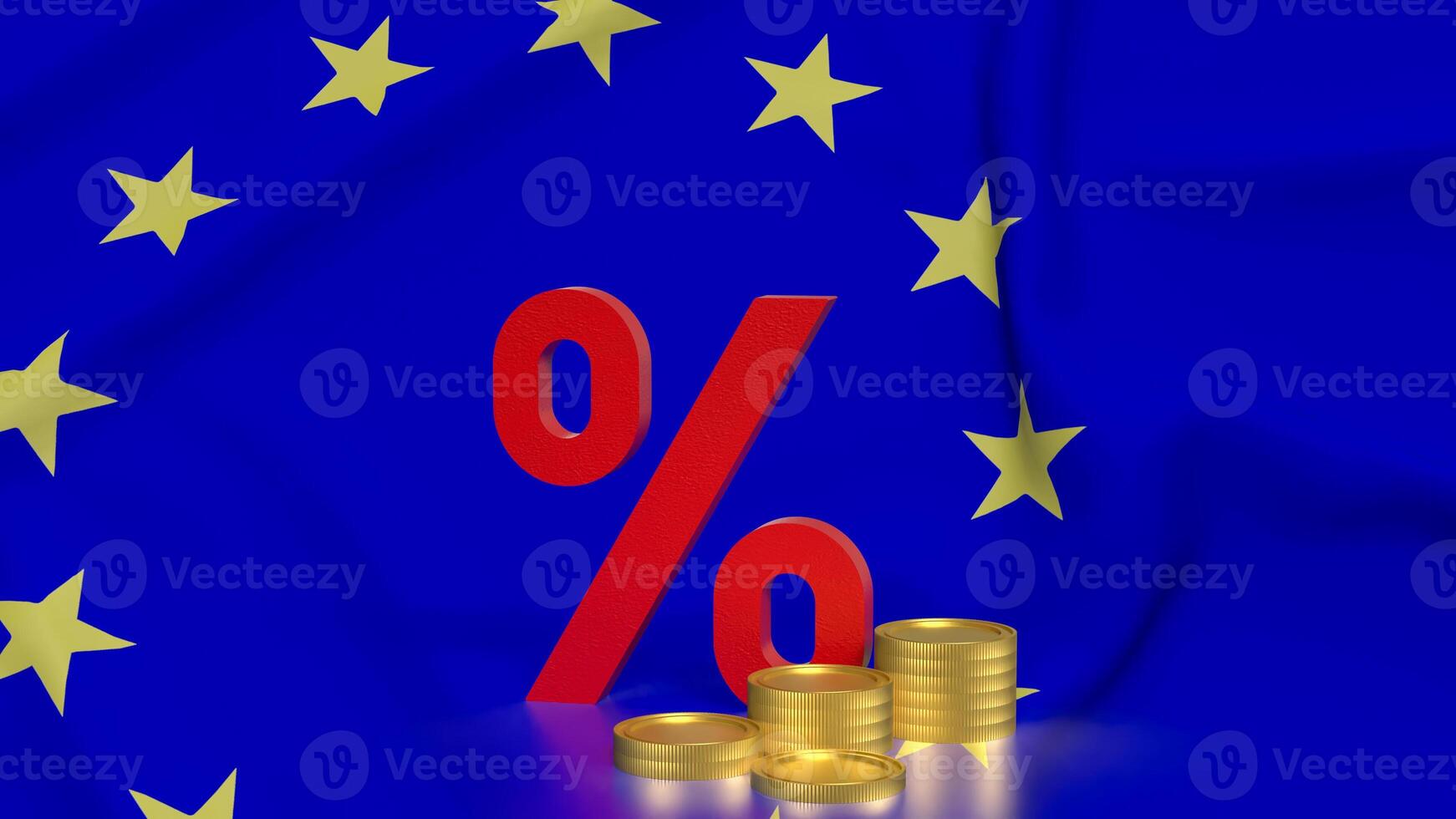 The percent and coins on euro flag Background 3d rendering. photo