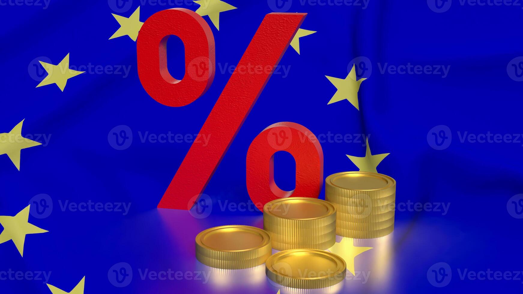 The percent and coins on euro flag Background 3d rendering. photo