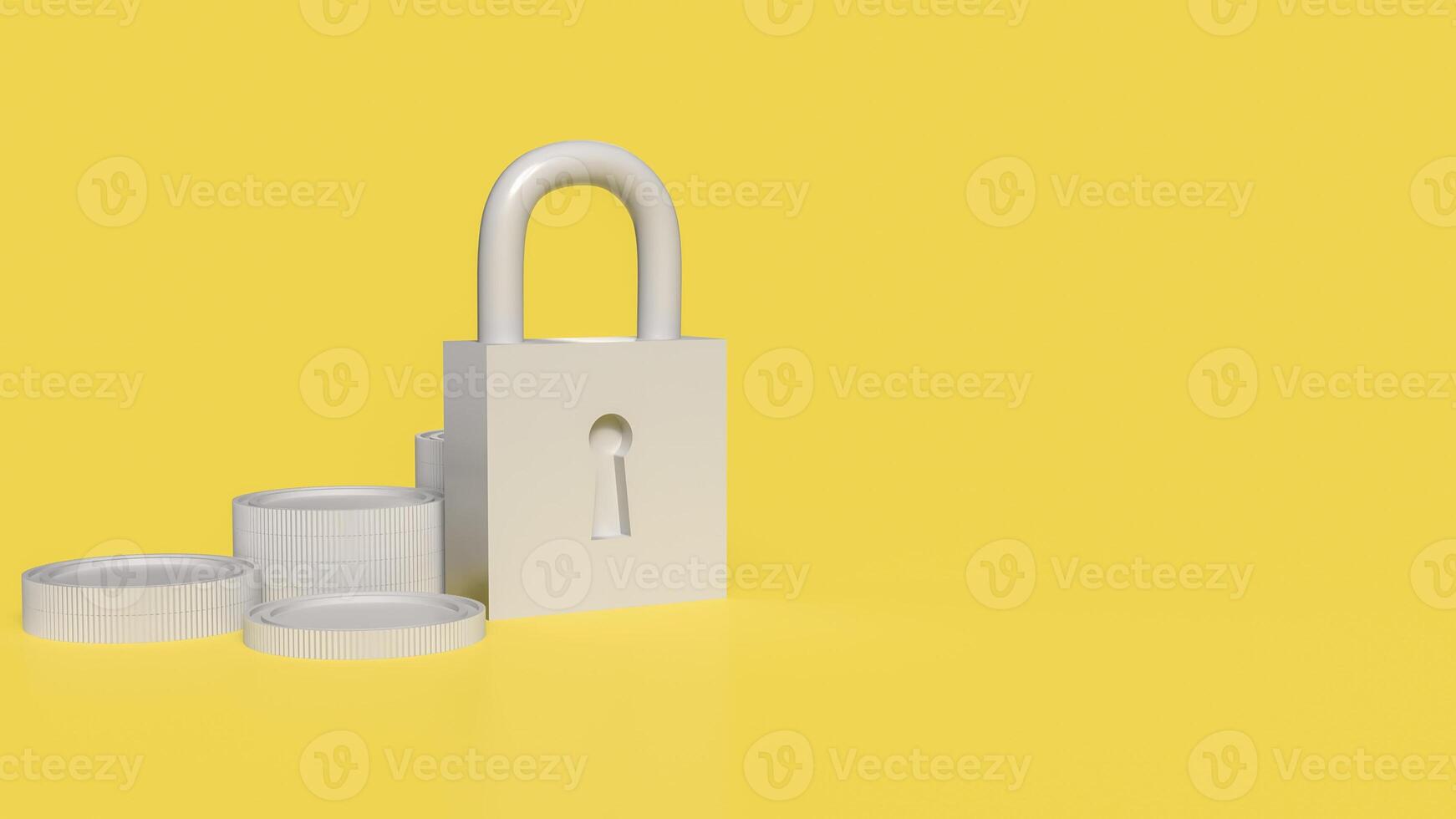 The Lock key and coins on yellow color background for security concept 3d rendering, photo