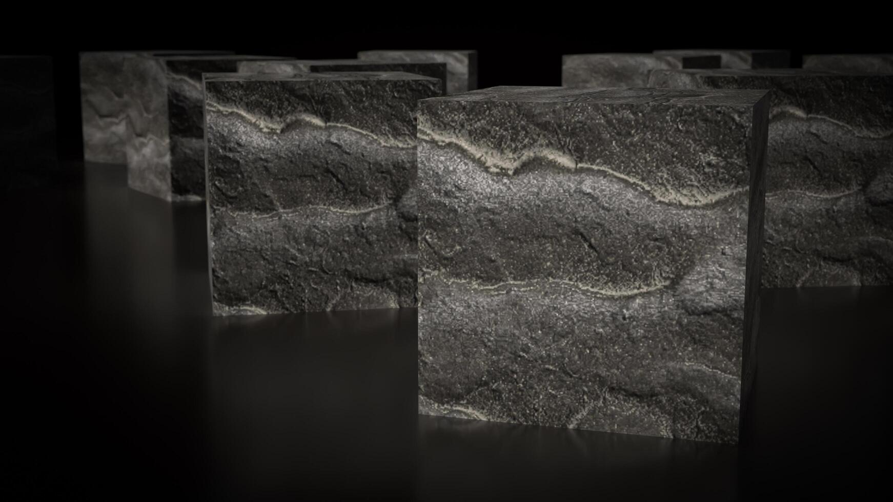 The Stone cube rock on black Background 3d rendering. photo